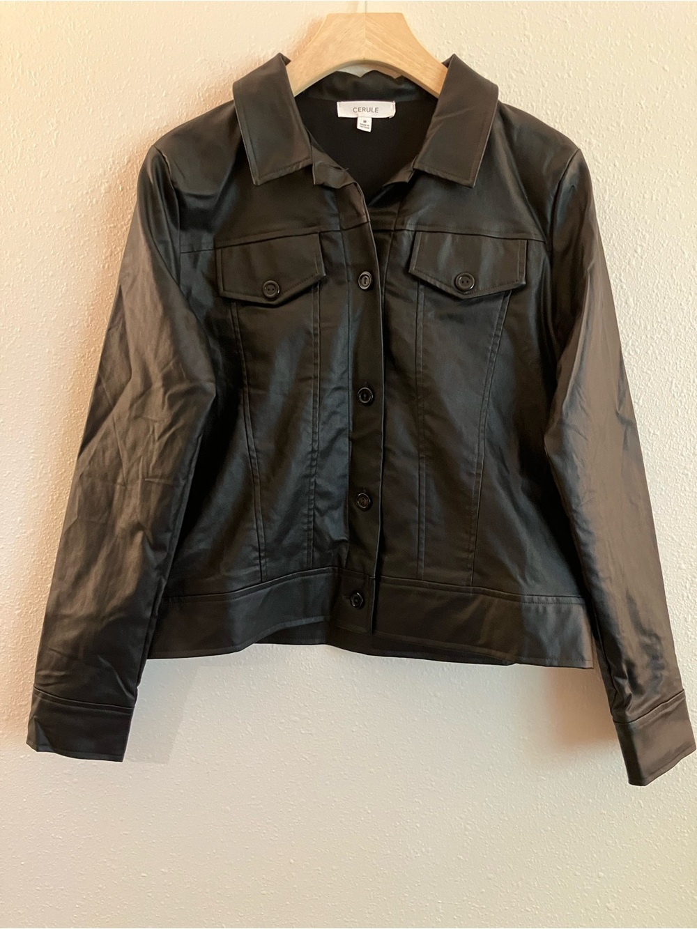 Anthropologie Cerule Black Faux Leather Jean Jacket Button Down Medium NWOT - Picture 2 of 11